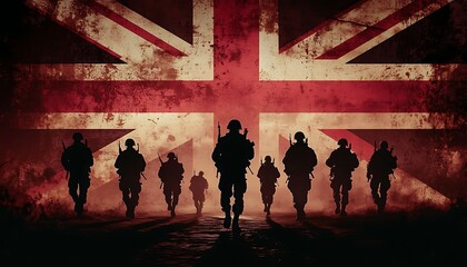 UK Soldiers Marching with Flag Background.