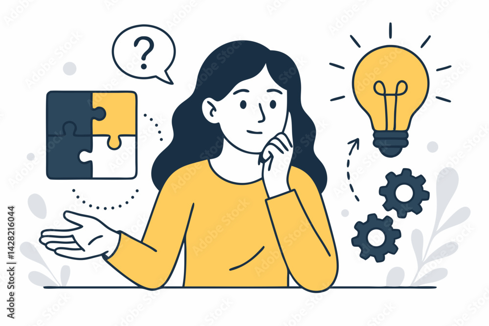 Poster businesswoman thinking through creative problem solving process, from puzzle question challenge to i