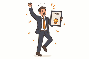 Excited businessman celebrates outstanding sales achievement with award certificate. Top employee recognition, success, and motivation concept vector illustration for corporate success.