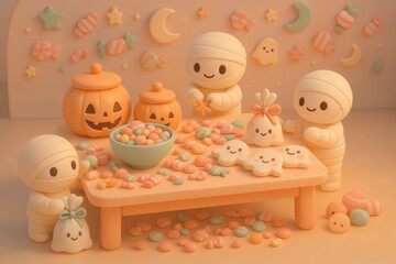 Obraz premium Sweet Halloween Gathering: A charming and delightful scene, featuring friendly mummy figures surrounded by sweets and pumpkin decorations, perfect for Halloween celebrations. 