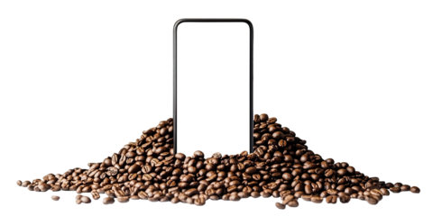 Smartphone mockup standing in pile of roasted coffee beans, isolated on transparent cutout background