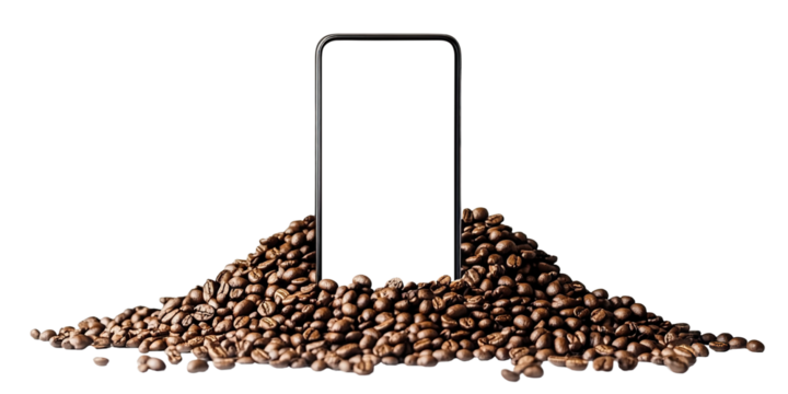 Smartphone mockup standing in pile of roasted coffee beans, isolated on transparent cutout background