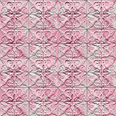 Pink and white abstract tiled seamless pattern design with decorative floral elements.
