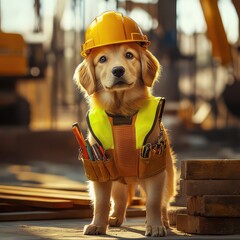 Dressed in a detailed construction uniform, this dog features a yellow safety vest, a tiny helmet, and a utility belt with mini tools.