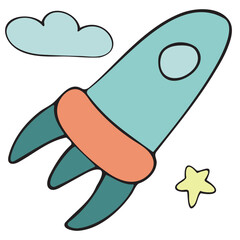 children s toy rocket flies in space, educational games for boys, vector cute colored children s element in doodle style with black outline, delicate colors