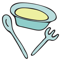 children s tableware set for babies, first feeding, adult food, soup or porridge in a plate with a spoon and fork, vector cute colored children s element in doodle style with black outline, delicate c