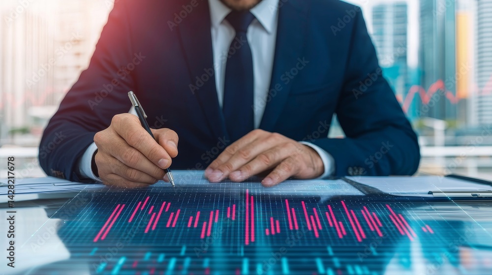 Poster professional analyzing data on a digital screen in a business setting.