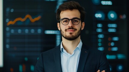 Professional man in glasses standing confidently in a tech environment.