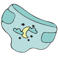 small baby disposable diaper, cleanliness and hygiene of a newborn baby, vector cute colored children s element in doodle style with black outline, delicate colors