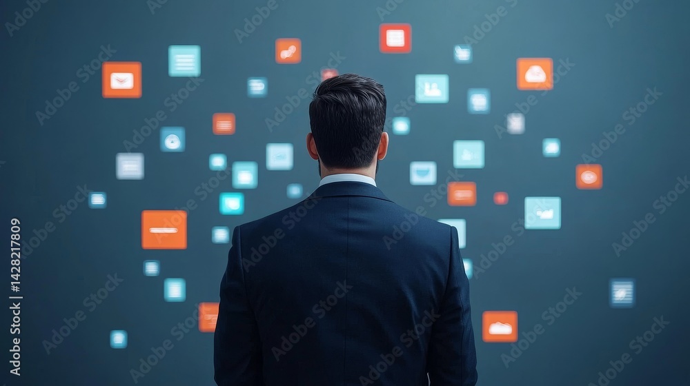 Poster man observing digital icons representing technology and communication.