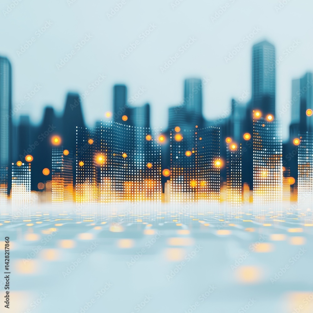 Poster abstract cityscape with illuminated skyscrapers and a digital effect.