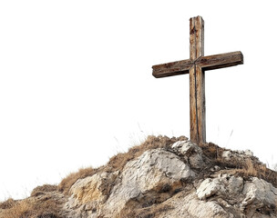 Rustic wooden cross on stone peak with dry grass, isolated on transparent cutout background