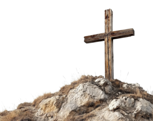 Rustic wooden cross on stone peak with dry grass, isolated on transparent cutout background