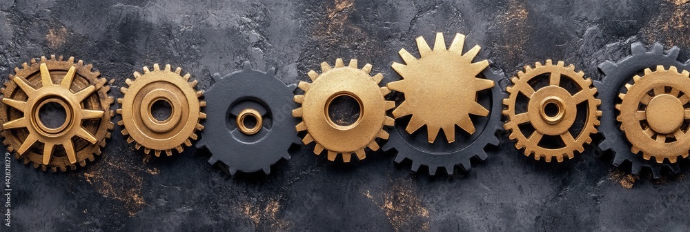 Poster seven interlocking gold and black metallic cogs arranged in a row on a textured background