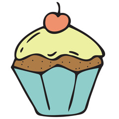 cute children s birthday cupcake with yellow cream and cherry, vector cute colored children s element in doodle style with black outline, delicate colors