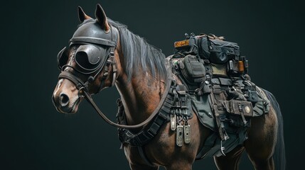 This war-ready horse, wearing a detailed soldier’s outfit, displays a powerful presence on what looks like a battlefield.