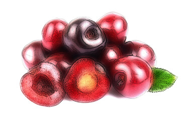 A cluster of red cherries displayed on a white background.