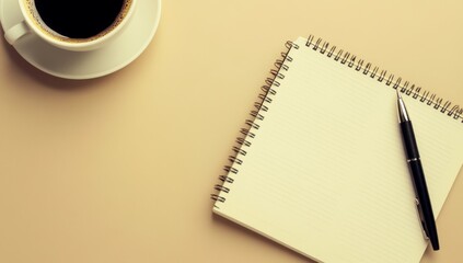 Coffee, Notebook, Pen, Beige Desk