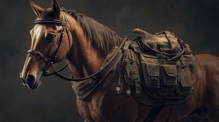 A powerful and noble horse stands tall, clad in a detailed soldier’s uniform complete with a rugged helmet, polished dog tags, and a sturdy utility belt. 