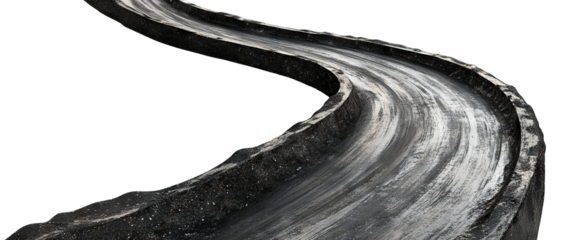Winding black road with elevated edges, isolated on transparent cutout background