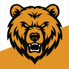 Bear head illustration in an aggressive pose. Features bold black outlines and sharp angles contrasting with the brown fur. 