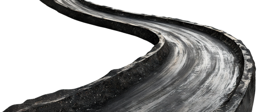 Winding black road with elevated edges, isolated on transparent cutout background