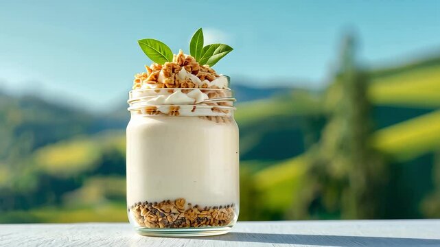 Fresh Yogurt Parfait with Granola and Mint on a Scenic Background