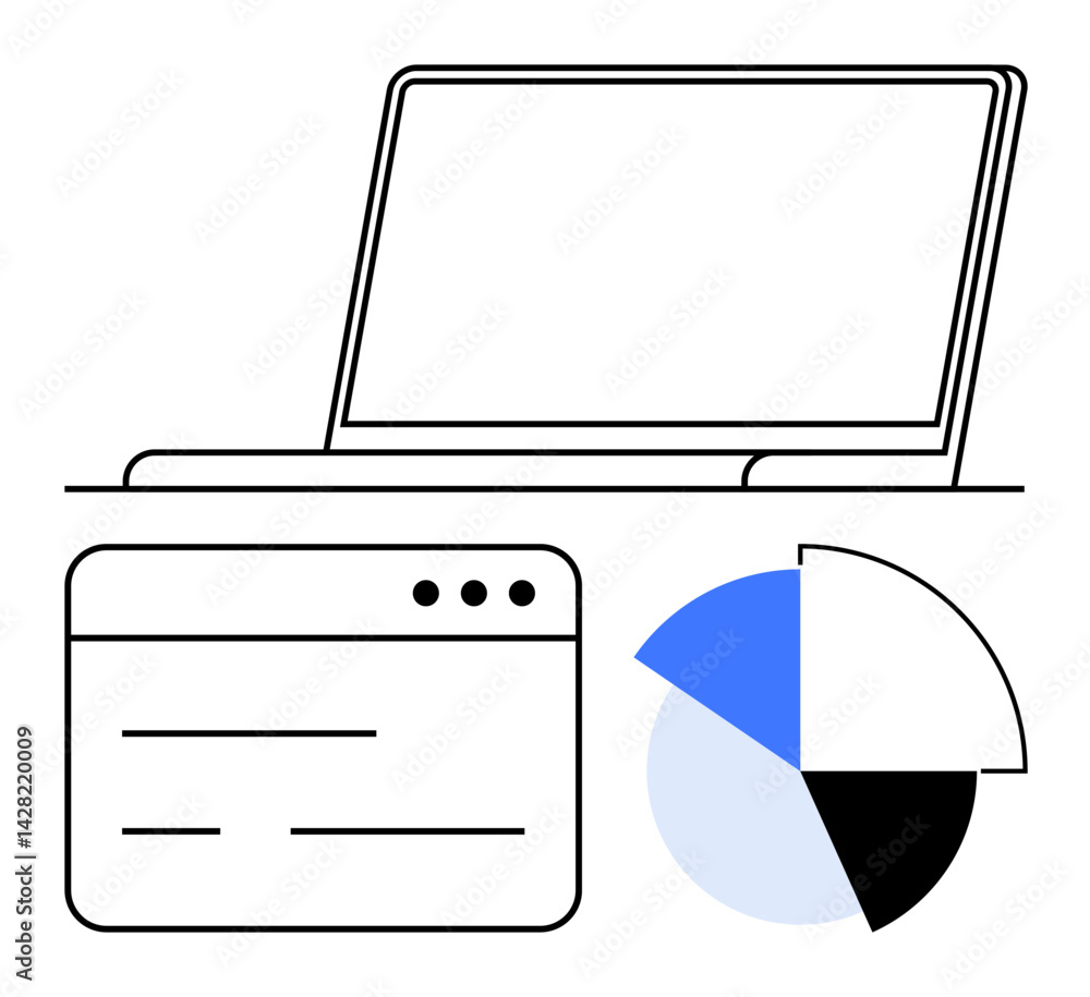Aufkleber laptop, browser tab, pie chart visualizing digital workspace, internet usage, or analytics. ideal fo