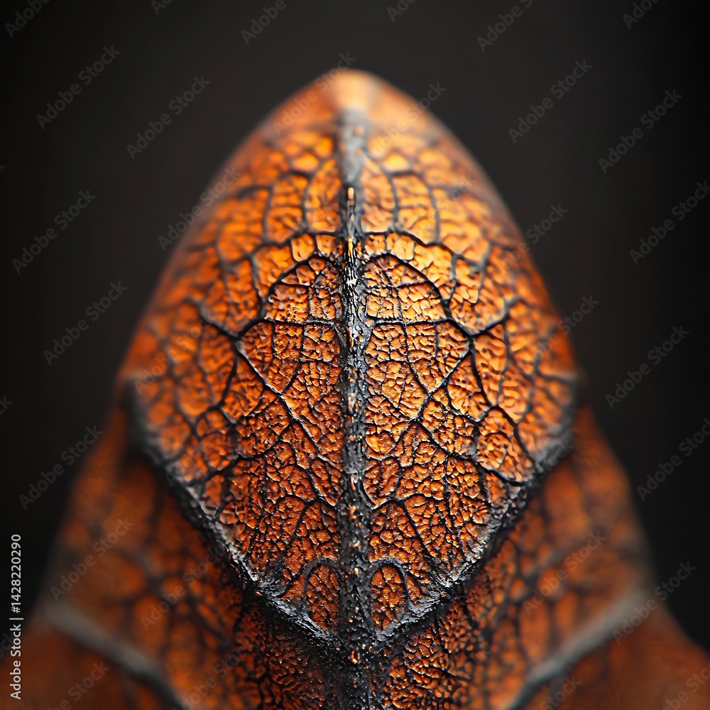 Poster a close-up view of a leaf showcasing intricate textures and patterns, highlighted in rich orange ton