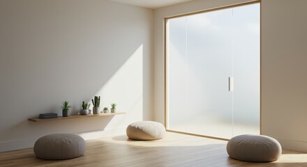Minimalist Interior with Natural Light Featuring Soft Cushions and Green Plants in a Tranquil Space