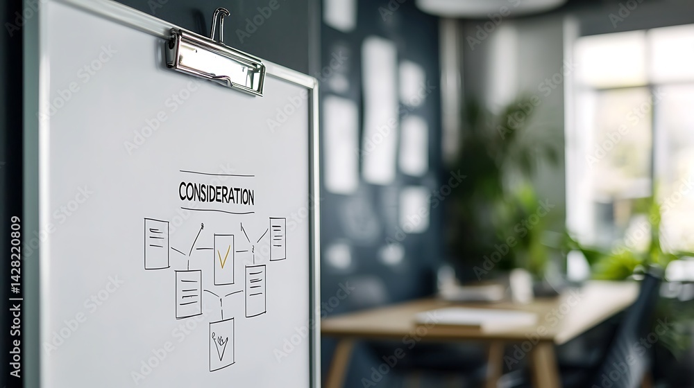 Poster a modern office setting featuring a whiteboard with a flowchart titled 