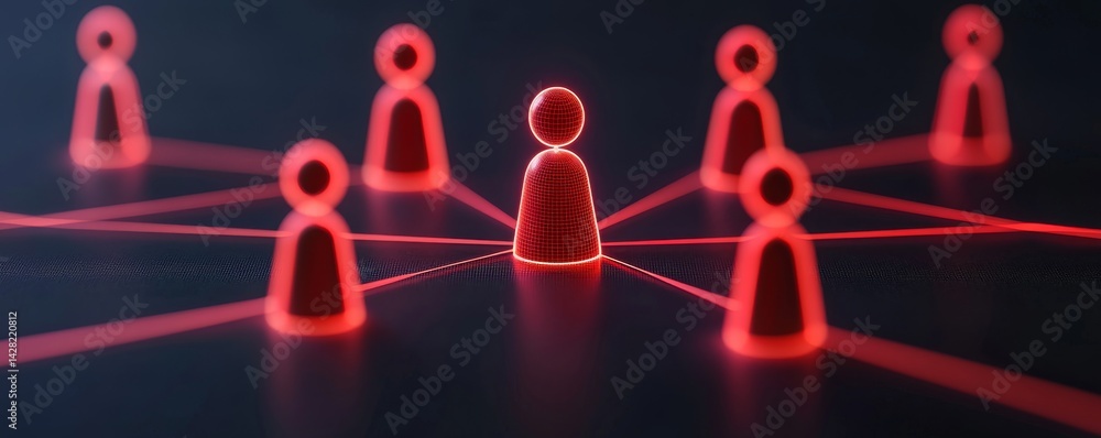 Poster red figures connected by lines, highlighting central figure in a digital network.