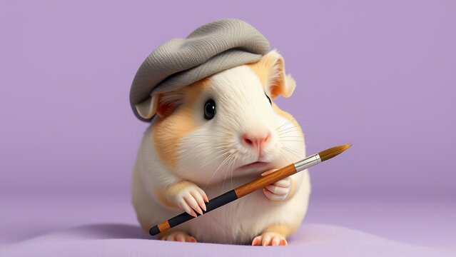 Charming Guinea Pig Artist with Beret and Brush - Whimsical Illustration for Children's Books,