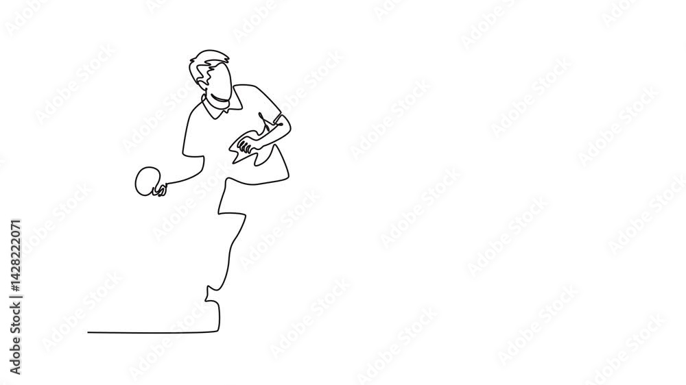 Poster animated self drawing of continuous line male table tennis player blocking opponent smash attack. pi