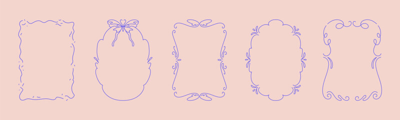 Collection of doodle hand drawn trendy frames with wavy lines, bows and ribbons. Minimalist line art for birthday, christmas, wedding Invitations.