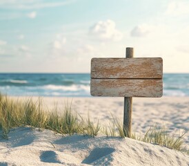 Wooden sign on sandy beach