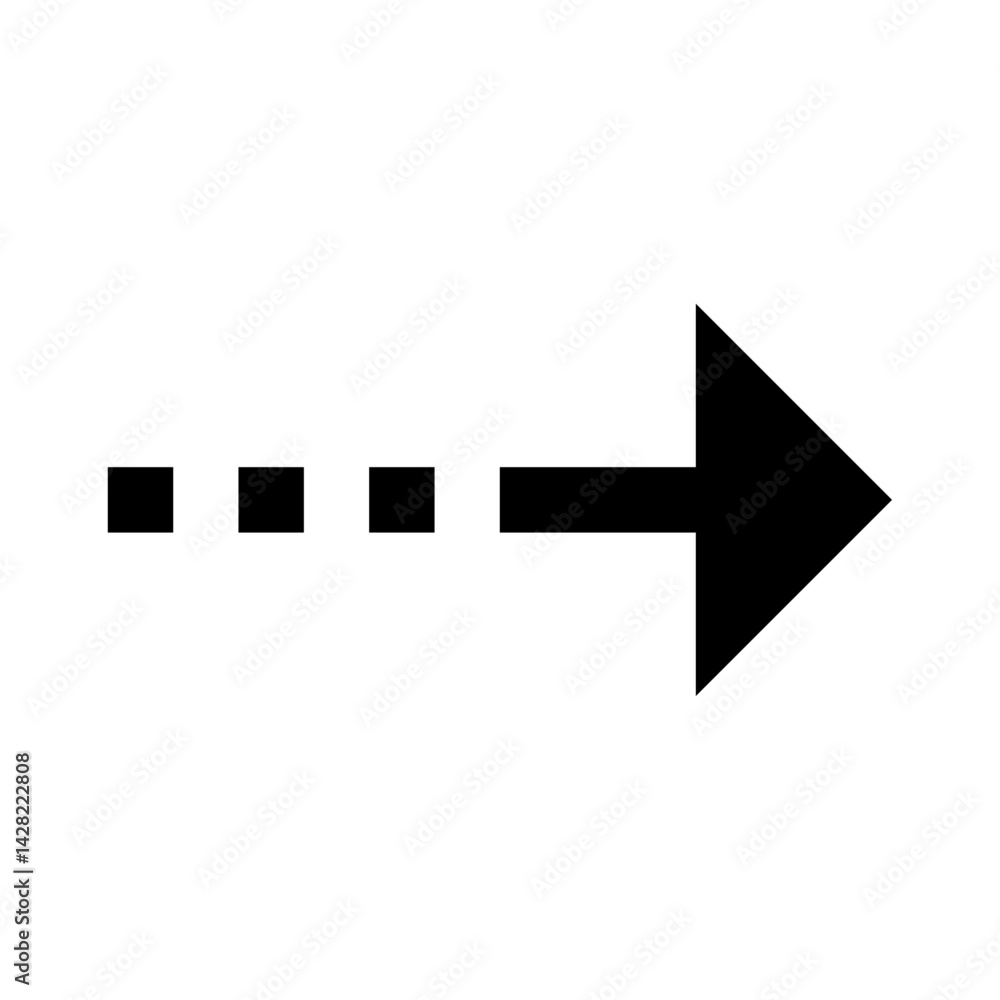 Poster black arrow pointing right with a dashed line leading to it on a white background in a simple illust