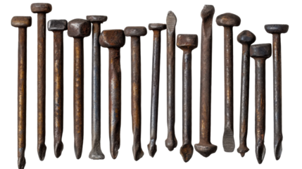 Nails Arrangement: A collection of aged, rusty nails in varied shapes and sizes, isolated in a neat line, each telling a story of time and the craftsman's touch.