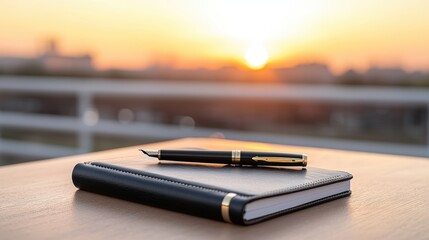 A premium leather journal beside a pen on a barrel, rodeo sunset illuminating the scene, professional advertising composition