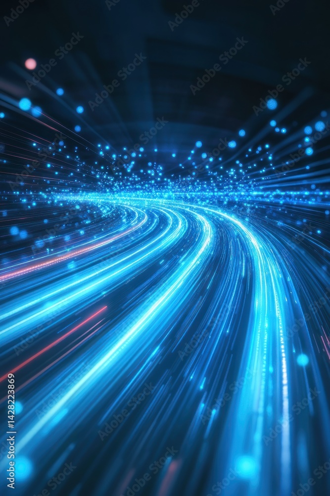 Poster glowing blue light trails creating dynamic wave pattern against dark background. concept of digital 