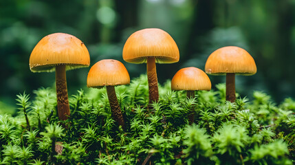 Vibrant Orange Mushrooms Growing Among Soft Green Moss in Forest