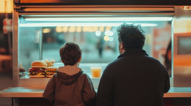 Father and son standing at a food truck counter, savoring delicious burgers and refreshing drinks under vibrant evening lights at a lively night market