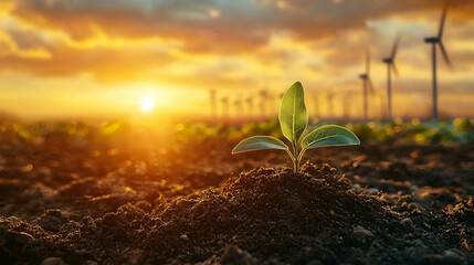 Green Sprout Emerging from Dark Soil Under Sunset with Wind Turbines