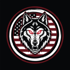 Patriotic Wolf Head Illustration with American Flag Background T-shirt design