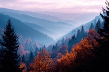 Autumn Forest in Misty Valley