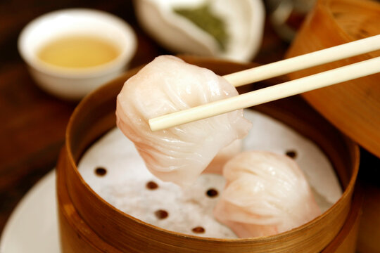 hargow or hakau dimsum teamed on a dimsum bamboo basket