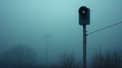 Air Raid Siren on Tall Pole at Dusk – Realistic Photo Evoking Tension, Emergency, and Preparedness in Low Light