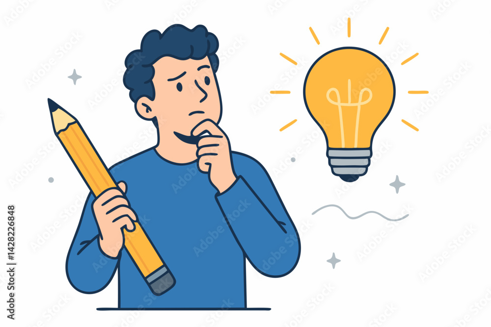 Poster creative thinking process vector illustration with thoughtful character holding pencil and light bul