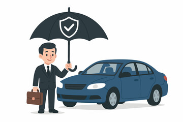 Auto Insurance Protection Concept with Businessman Holding Security Shield Umbrella Next to Blue Sedan Vehicle, Vector Illustration for Financial Services and Car Coverage Plans