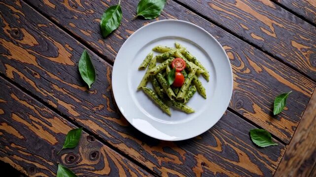 Rustic herb pesto pasta with cherry tomatoes on wooden table in 4k